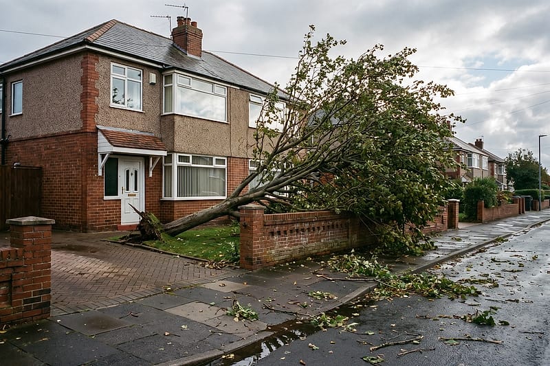 A tree blown over across the driveway of a semi-detached house the morning after a storm