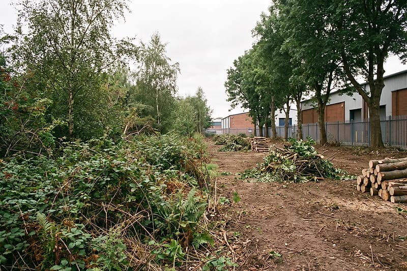 A strip of land beside business units, half overgrown with scrub and half cleared, with brash piles and stacked logs