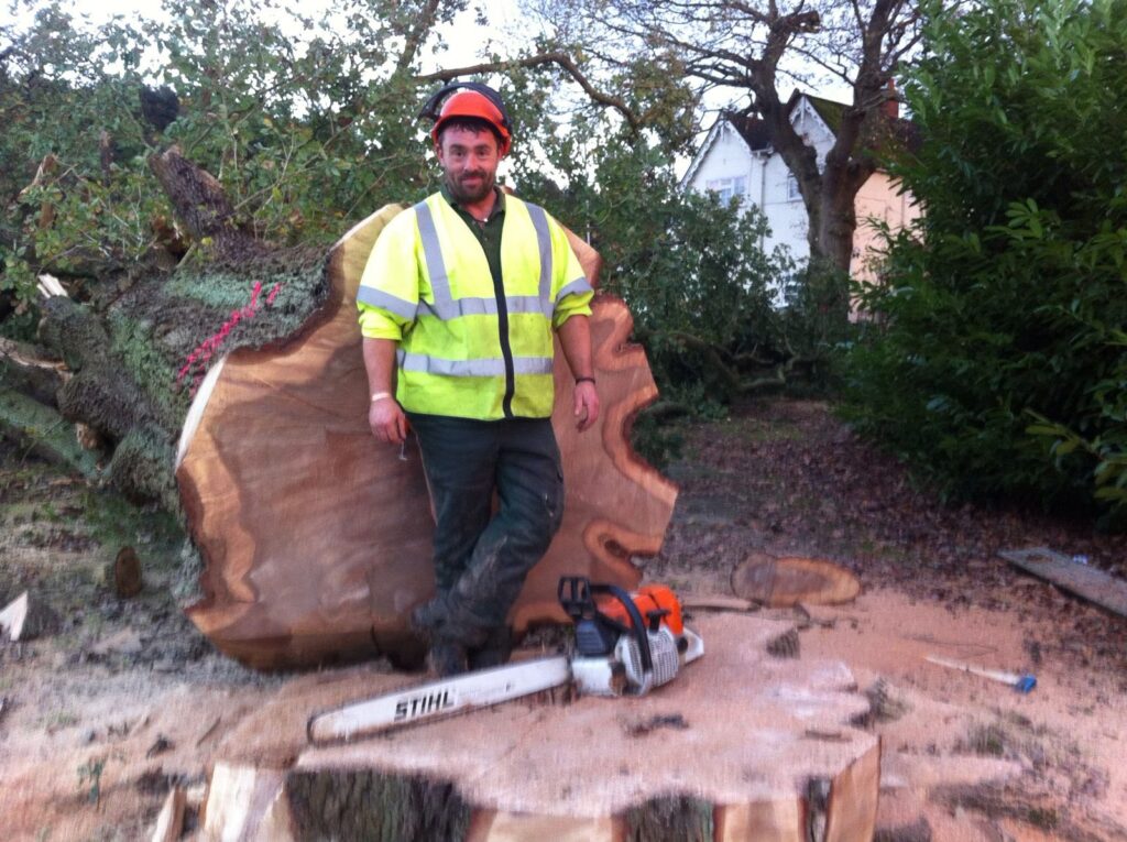 Tree surgeon wearing safety gear standing beside a large cut tree trunk during forestry work